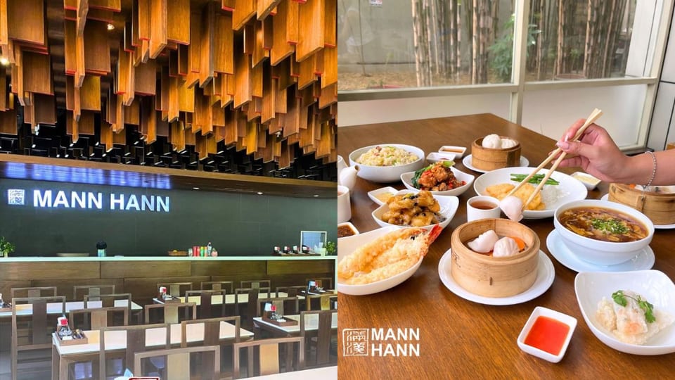 left: interior view of mann hann; right: bestselling dishes from mann hann